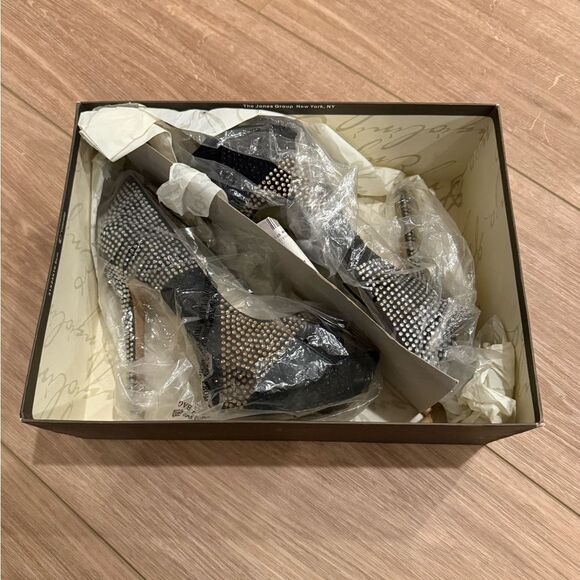 Enzo Angiolini Black, Gold and Silver Gem Studded Platform Heels - Picture 8 of 8